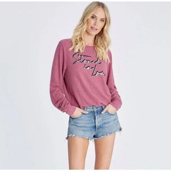 Wildfox Tops‎ Stoned In Love Wildfox Long Sleeve Crewneck Size Small Ruby NWT - Picture 1 of 9